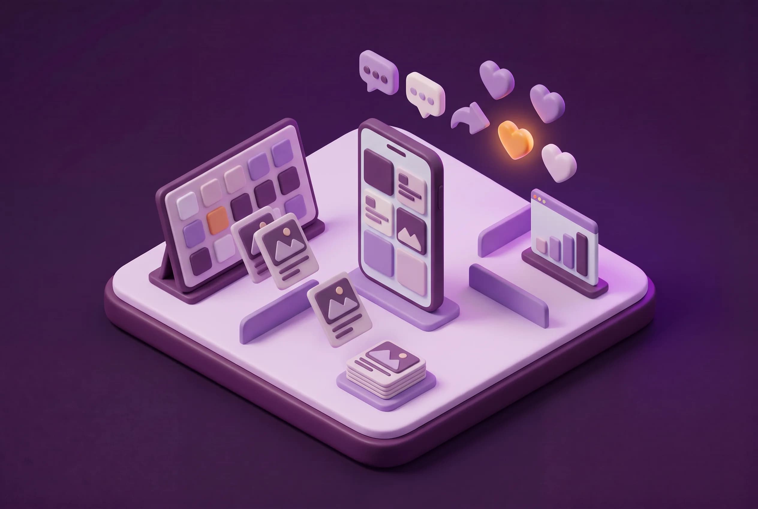 A social media studio with a content calendar, scheduled posts, a phone of posts, rising likes and a results chart